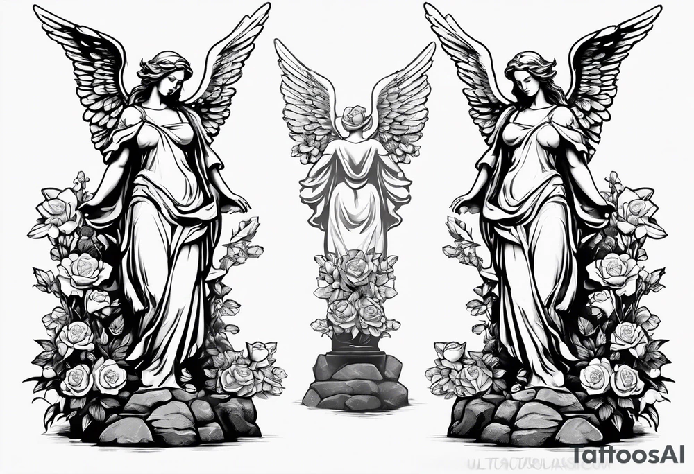 Simple Angel statue stood on a rock with daffodils and roses wrapped around its legs tattoo idea