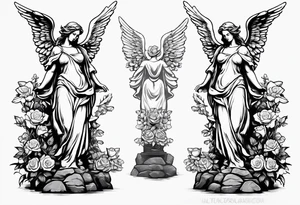 Simple Angel statue stood on a rock with daffodils and roses wrapped around its legs tattoo idea