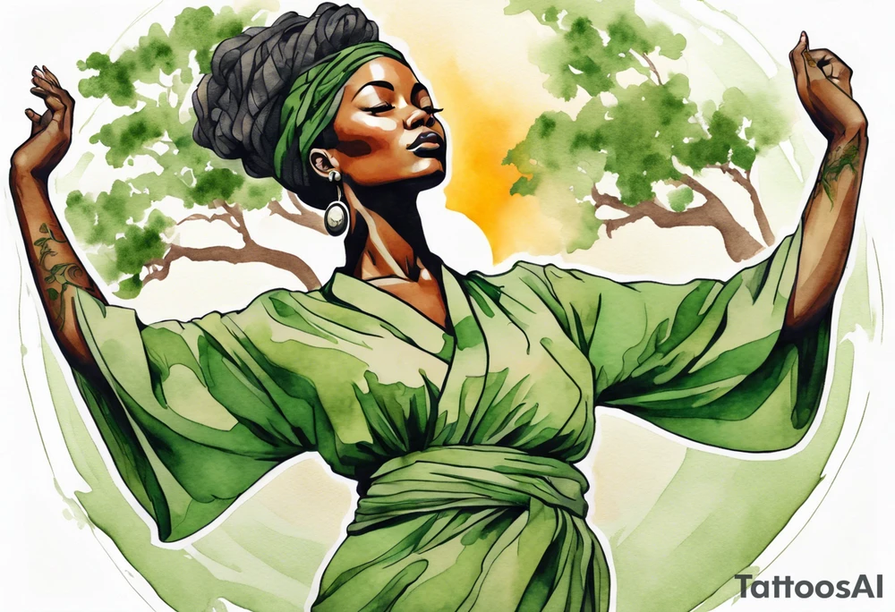a tree trunk with roots that is a beautiful black woman from the waist up, arms reaching up to the sun, wearing a green tunic tattoo idea