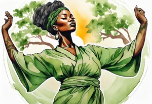 a tree trunk with roots that is a beautiful black woman from the waist up, arms reaching up to the sun, wearing a green tunic tattoo idea