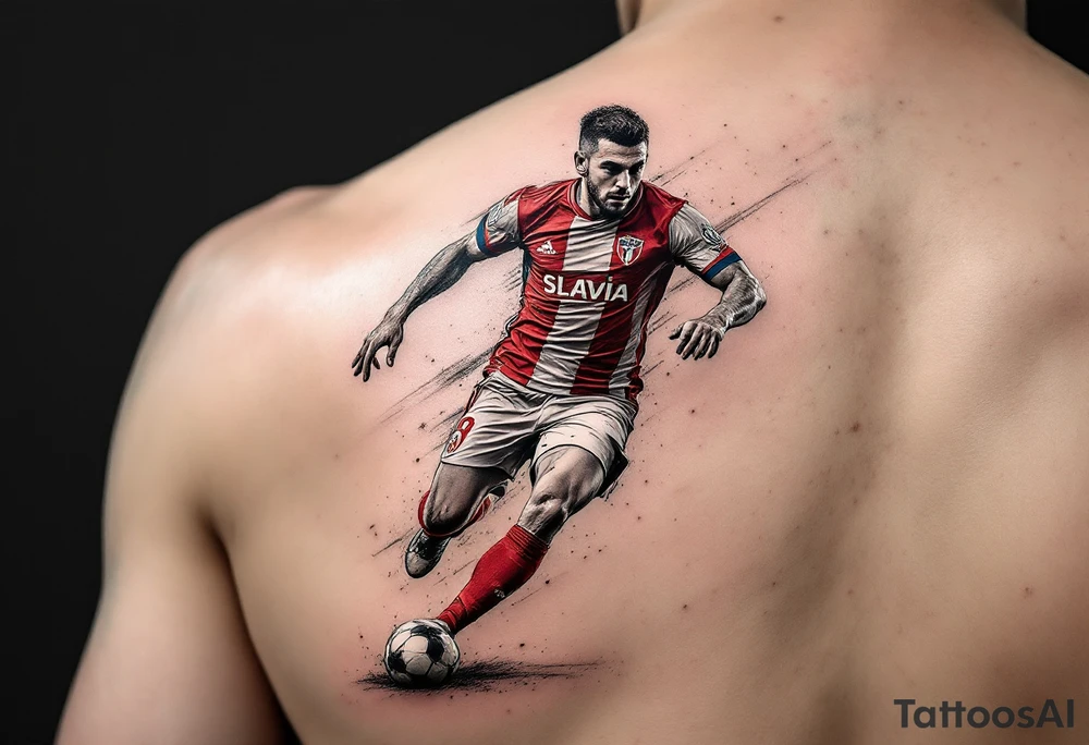 A realistic figure of a Slavia striker in full red-and-white kit dribbling a black and white ball across the forearm. tattoo idea