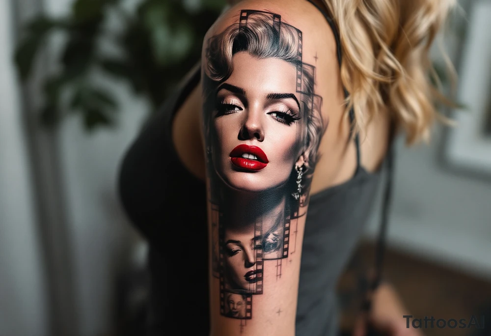 A filmstrip tattoo with several Marilyn Monroe expressions in black and grey with one red-lipped close-up. tattoo idea