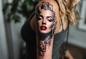 A filmstrip tattoo with several Marilyn Monroe expressions in black and grey with one red-lipped close-up. tattoo idea
