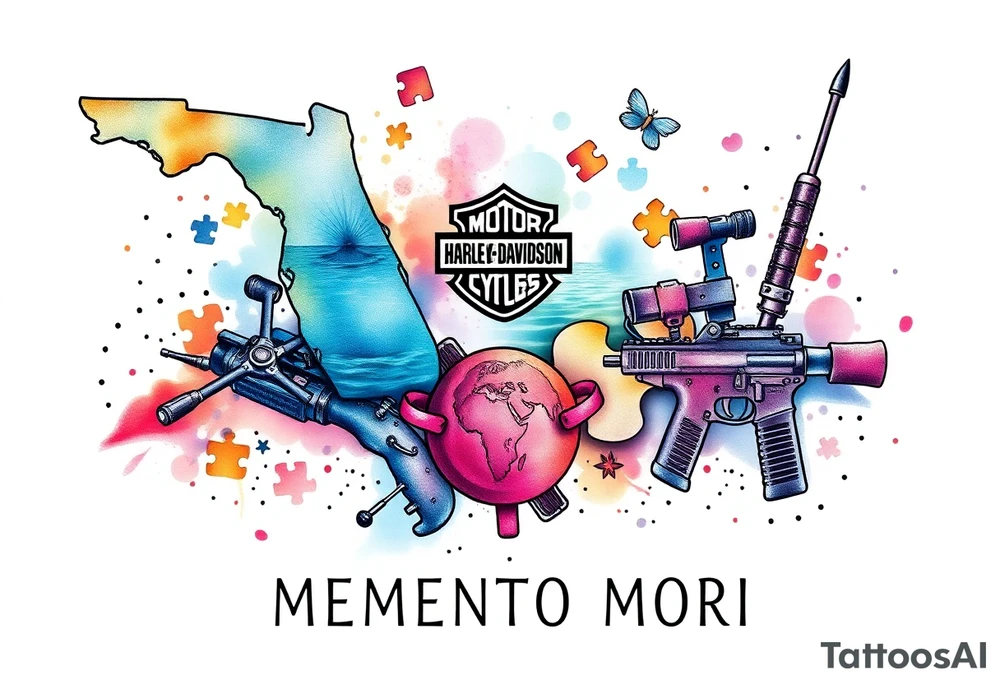colorful futuristic memory tattoo for passed boyfriend; Florida, gulf coast water, Harley Davidson, skateboarding, puzzle pieces, video games, heaven, god, outdoors, guns, disc golf, words "MEMENTO MORI" tattoo idea