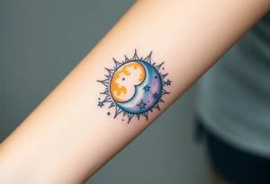 celestial sun and moon embrace with constellation patterns tattoo idea