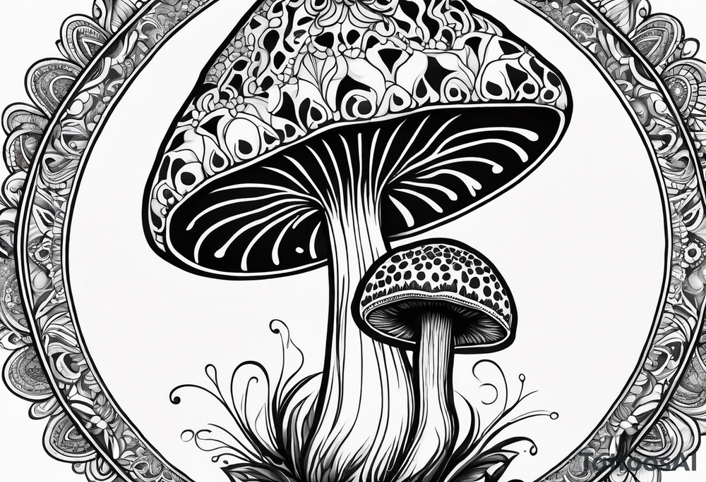 Large Shaggy cap mushroom dripping ink off cap with 4 smaller mushrooms around it mandala henna black tattoo design tattoo idea