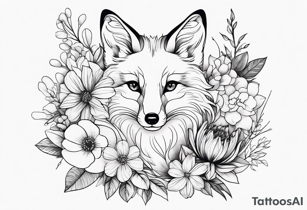 feminin minimalist flowers with little fox tattoo idea