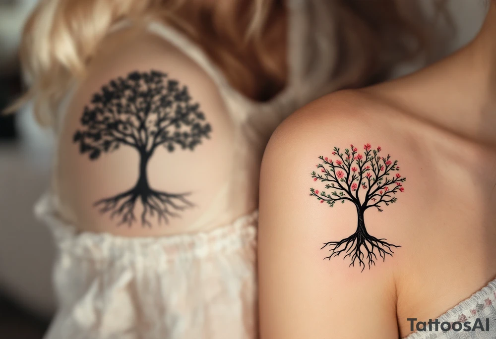 One partner wears a black ink silhouette of a tree with strong roots, while the other has a matching tree with blooming branches in soft pink and green, symbolizing grounded love and shared growth. tattoo idea