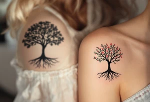 One partner wears a black ink silhouette of a tree with strong roots, while the other has a matching tree with blooming branches in soft pink and green, symbolizing grounded love and shared growth. tattoo idea