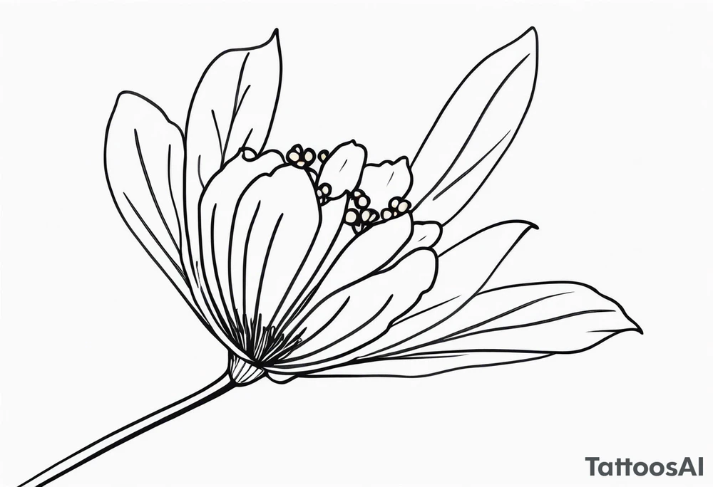 one very simple and no detailed Acacia pycnantha flower with stem in black and white, the few lines possible, fine-line tattoo idea