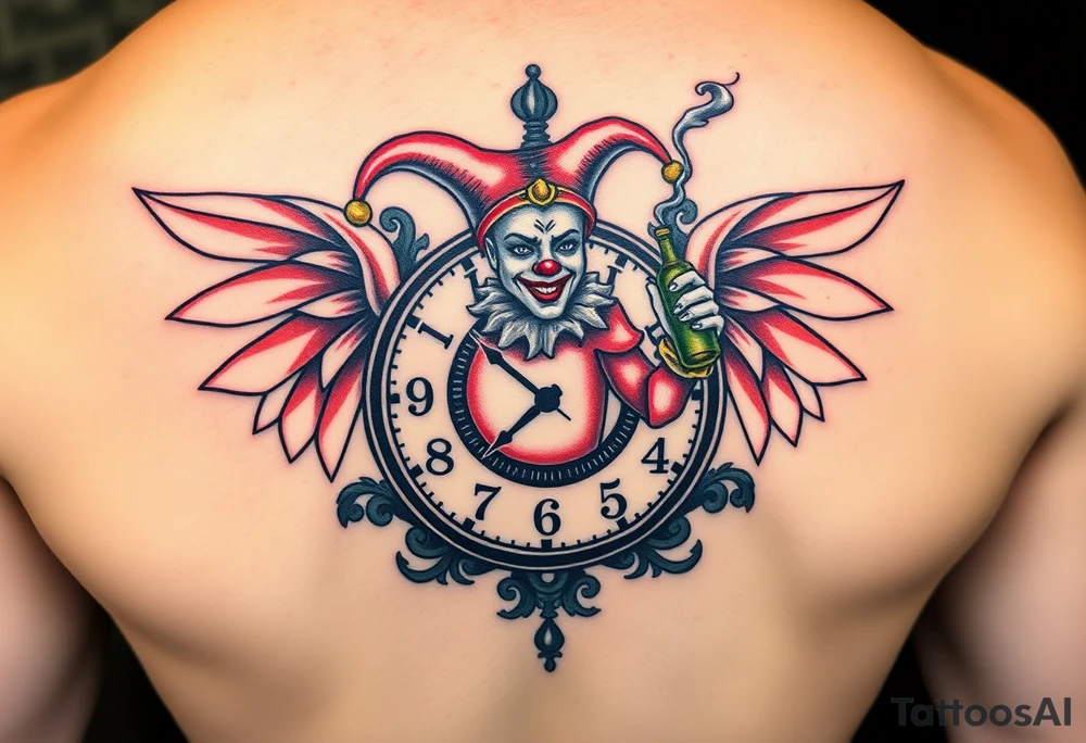 a jester clown floating in smoke with a  clock, the time says 420,  with two open wings besides the clock, smoke as the spring rising from the clock, a jester clown coming out the smoke, smoking in one hand with a liquor bottle on the other hand tattoo idea