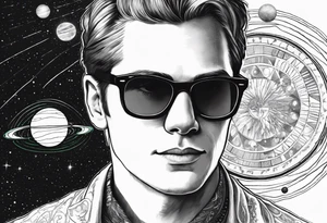 realistic portrait of Joseph Smith Jr. wearing a Dartmouth College shirt, and hypnotic looking sunglasses, with a solar system background tattoo idea