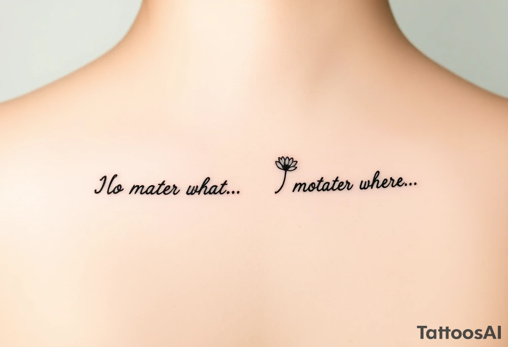 A delicate cursive tattoo with the quote ‘No matter what’ (for one person) and ‘No matter where’ (for the other), placed along the collarbone. At the end of each quote, incorporate a soft, feminine flower design — such as a small lotus, daisy, or wildflower — that flows naturally from the end of the text, as if the flower is part of the lettering or subtly blooming from the last word.

Design should feel light, elegant, and symbolic of connection and unconditional love between mother and daughter. Style should be fine line or single-needle, black ink only, minimalistic and graceful. tattoo idea