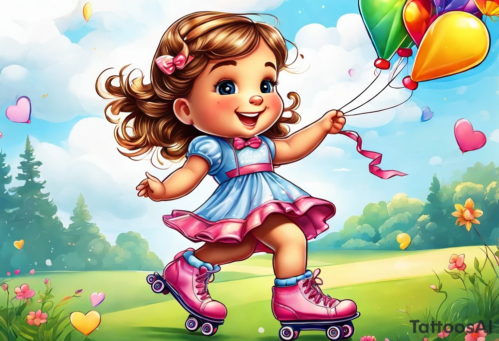 a little girl in a dress standing with a teddy bear in roller skates, flying a kite tattoo idea