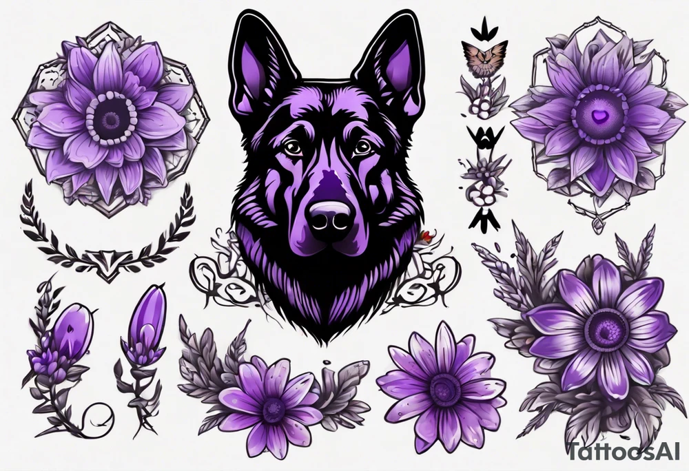 Dark Brown female German shepherd portrait surrounded by purple daisies tattoo idea
