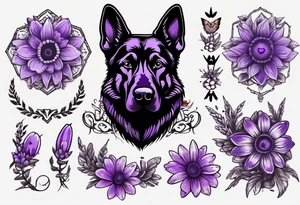 Dark Brown female German shepherd portrait surrounded by purple daisies tattoo idea