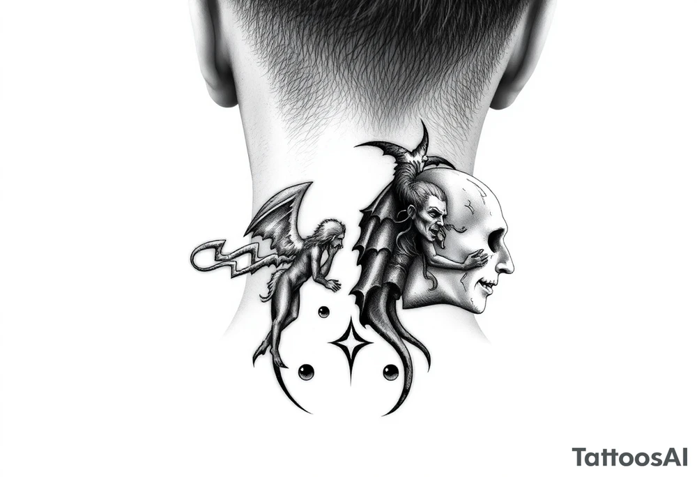 position behind the neck Angel (on the right) whispering in the right ear, demon (on the left) whispering in the left ear tattoo idea