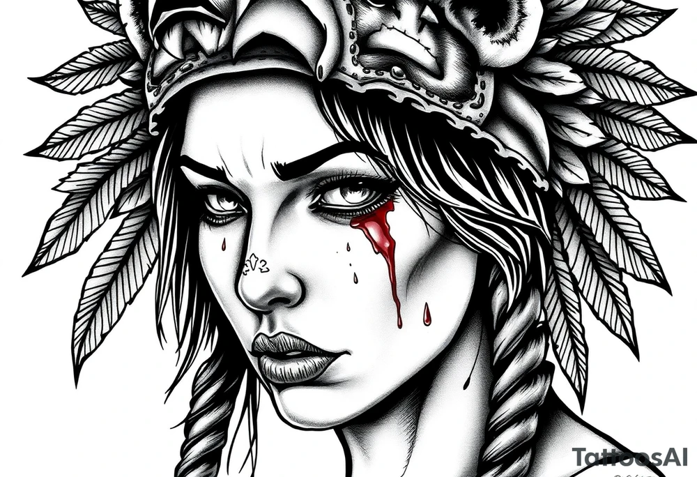 Beautiful Womans shedding a tear, with battle scars and blood on face, wearing a mean looking bear headdress on head tattoo idea