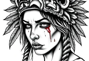 Beautiful Womans shedding a tear, with battle scars and blood on face, wearing a mean looking bear headdress on head tattoo idea