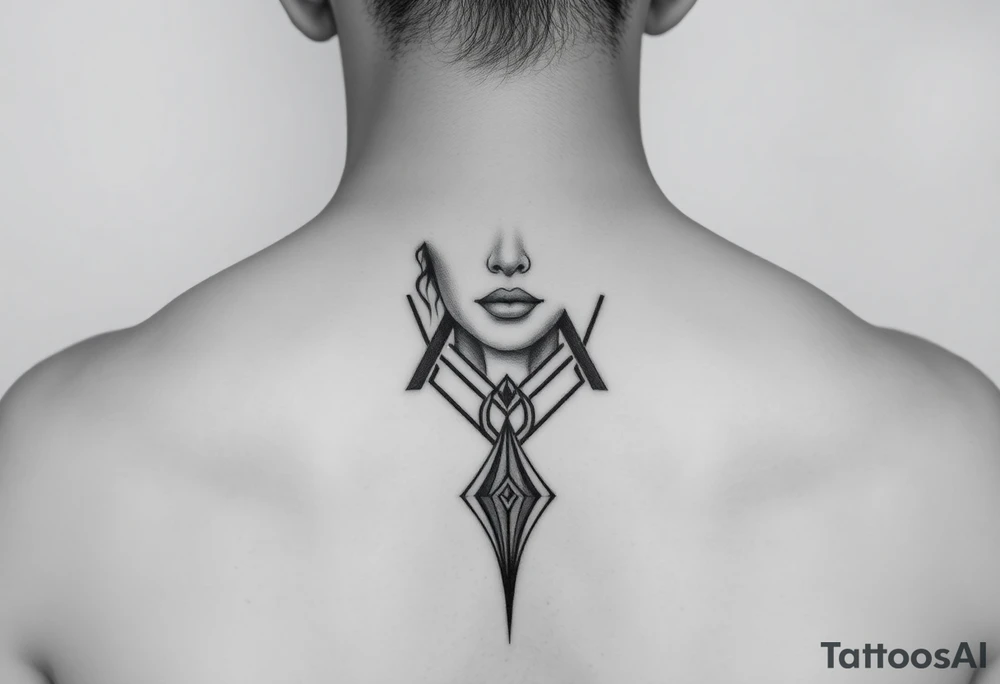 I want a portrait of Ryan Ashelys (the female tattoo artist) face in line work style black. Geometric  with the middle bottom going down to a point towards my middle finger tattoo idea