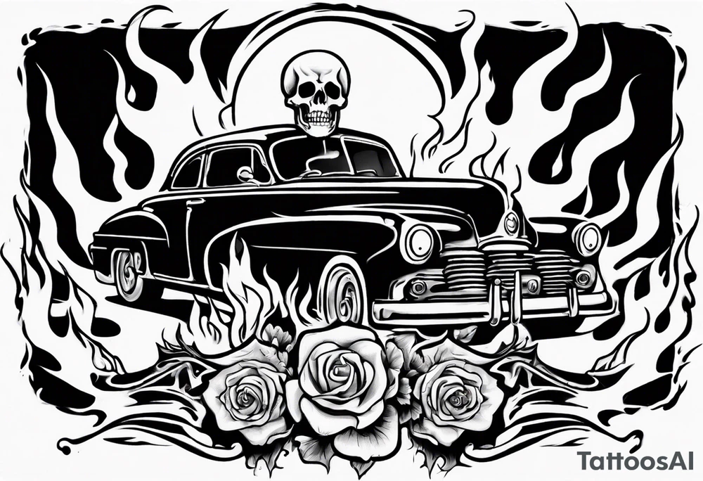 An old vintage car with flames coming out of the hood and a skeleton head at the top of the flames tattoo idea