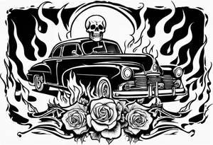 An old vintage car with flames coming out of the hood and a skeleton head at the top of the flames tattoo idea