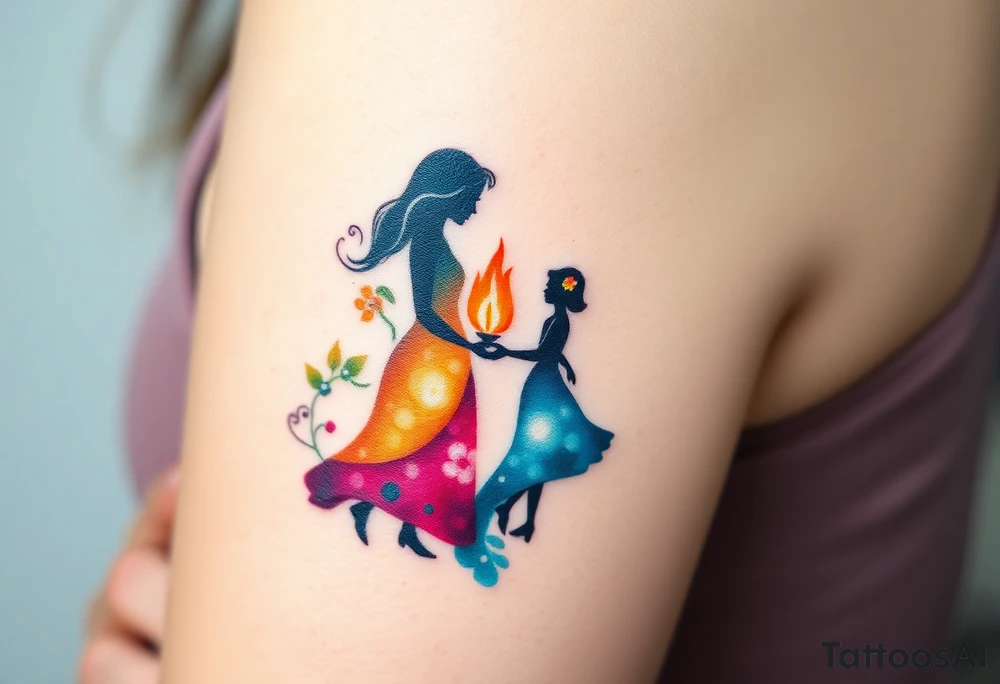 Silhouette of grandmother, mother and daughter passing a flame tattoo idea