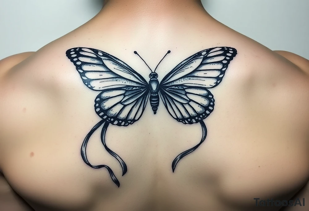 ethereal butterfly with flowing silk ribbons in moonlight tattoo idea