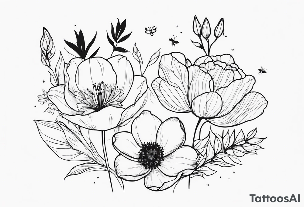 Verticle arm placement of dainty TULIPS, LILLIES, DRAGONflower, poppy, bees, peony, forearm tattoo idea