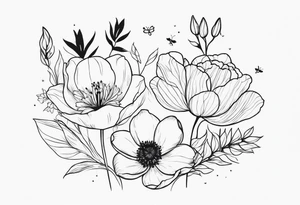 Verticle arm placement of dainty TULIPS, LILLIES, DRAGONflower, poppy, bees, peony, forearm tattoo idea