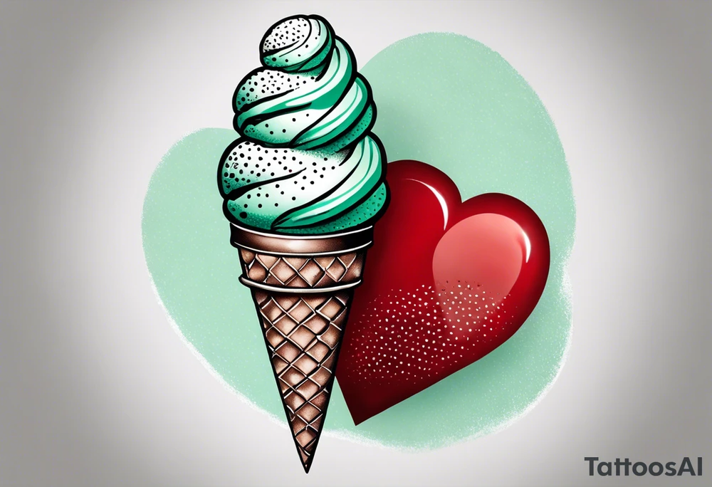 mint chocolate chip ice cream cone with small red heart on it somewhere. tattoo idea