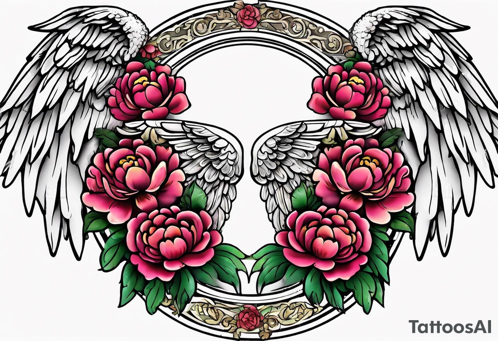 beautiful angel wings with colorful, peonies. beautiful flilligree in the background , full color, traditional old school , white background tattoo idea
