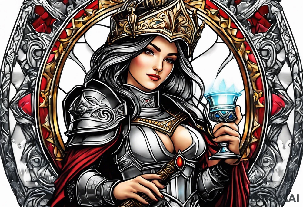 Female saint in armor holding a chalice tattoo idea