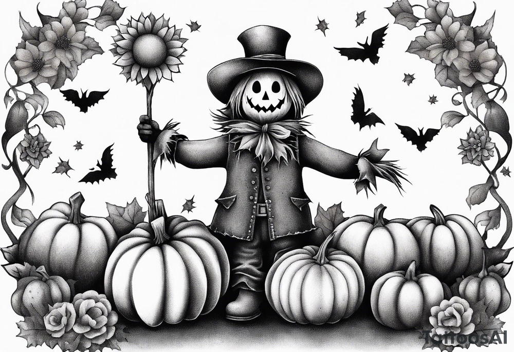 friendly scarecrow with pumpkins and flowers tattoo idea