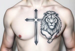 Cross, lion, strength and growth tattoo idea