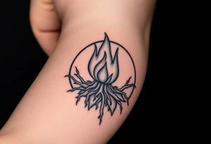 flame in a blooming roots circle tattoo idea
