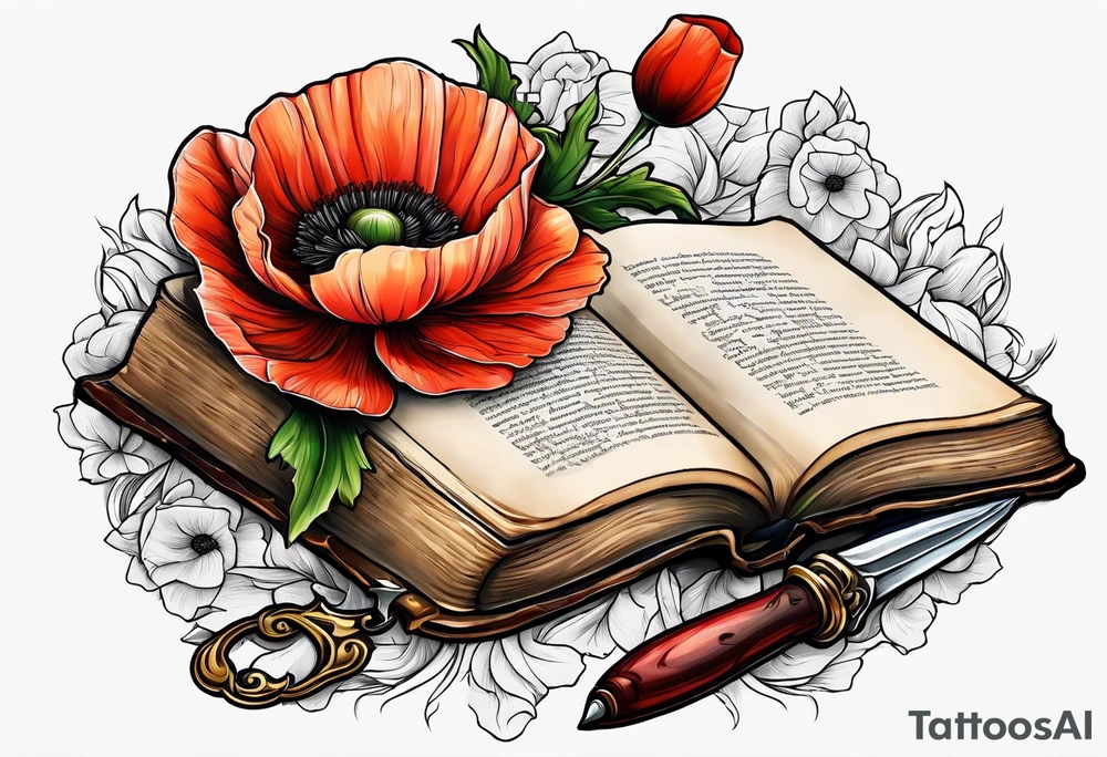 A dagger through a book surrounded by poppy flowers tattoo idea