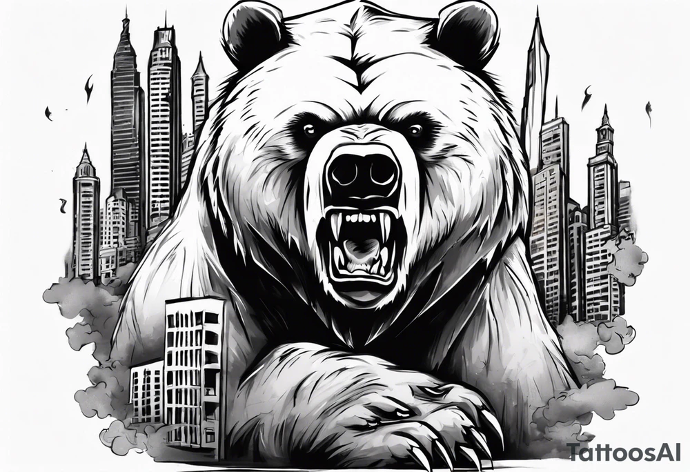 Serious bear coming up behind a city tattoo idea