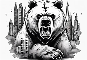 Serious bear coming up behind a city tattoo idea