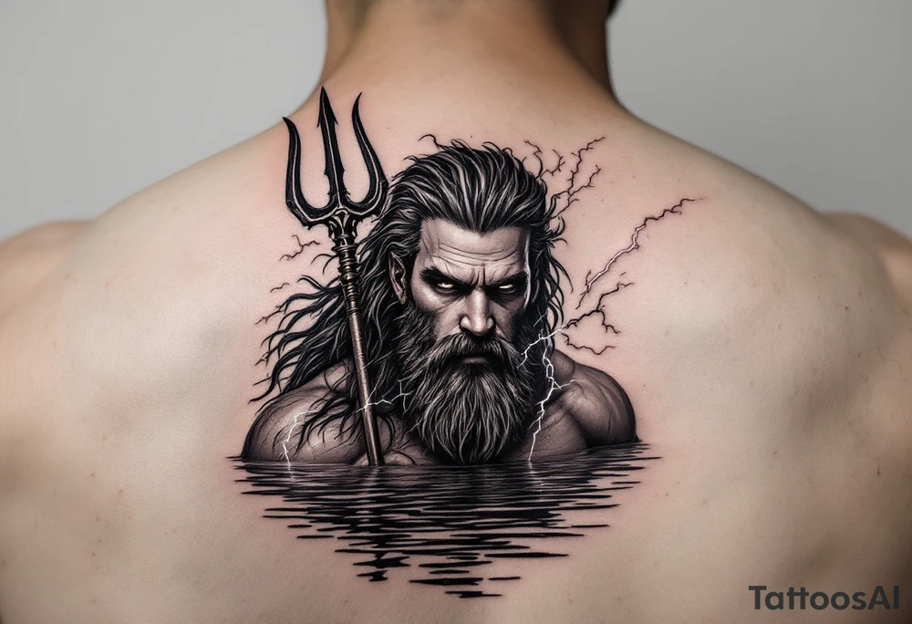 fit poseidon, behind a trident, with lightning, in calm water tattoo idea