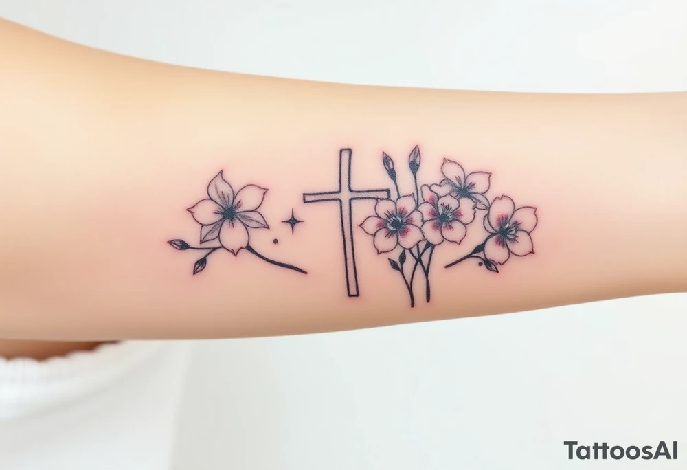 tattoo with one side representing death and the other life. (from death to life) with a simple cross down the middle. The life side I's like the following flowers: Morning Glory, Lily of the Valley, Daffodil, Rose, Poppy, and Iris tattoo idea