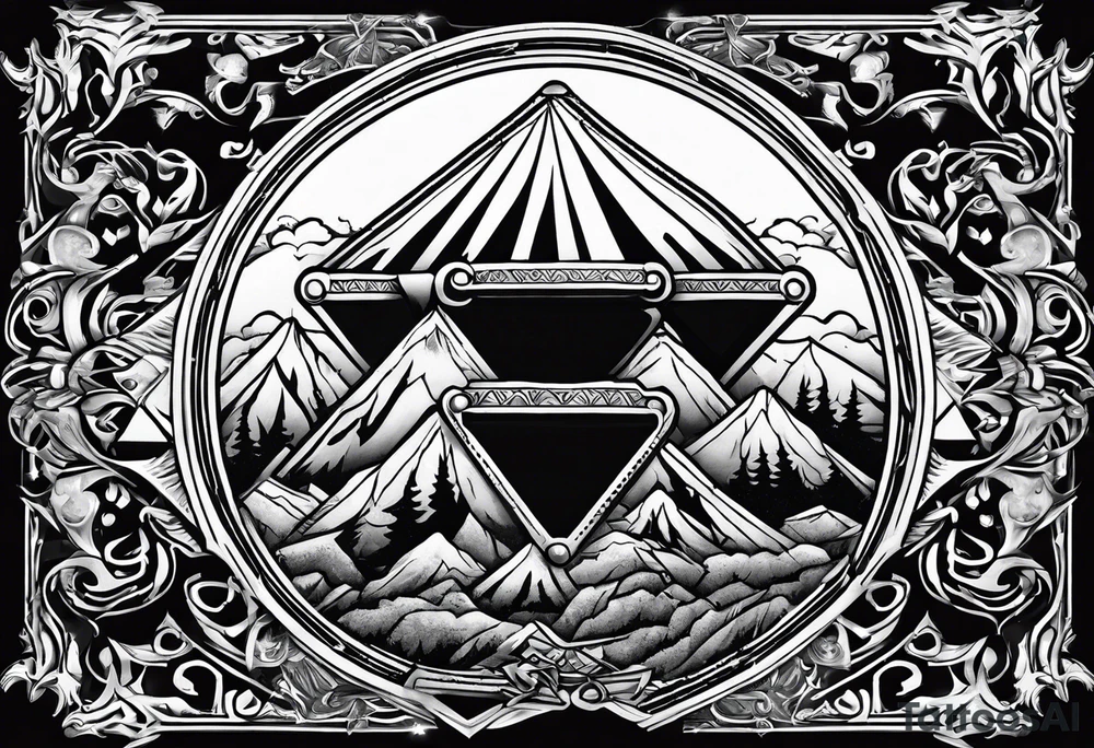 A shield on fire adorned with a mountain and a maul tattoo idea