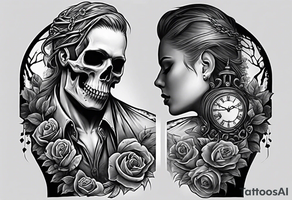 tattoo fool sleeve, tree roots break out of the chains, broken mask, clock with flying numbers, girl, skull, roses tattoo idea