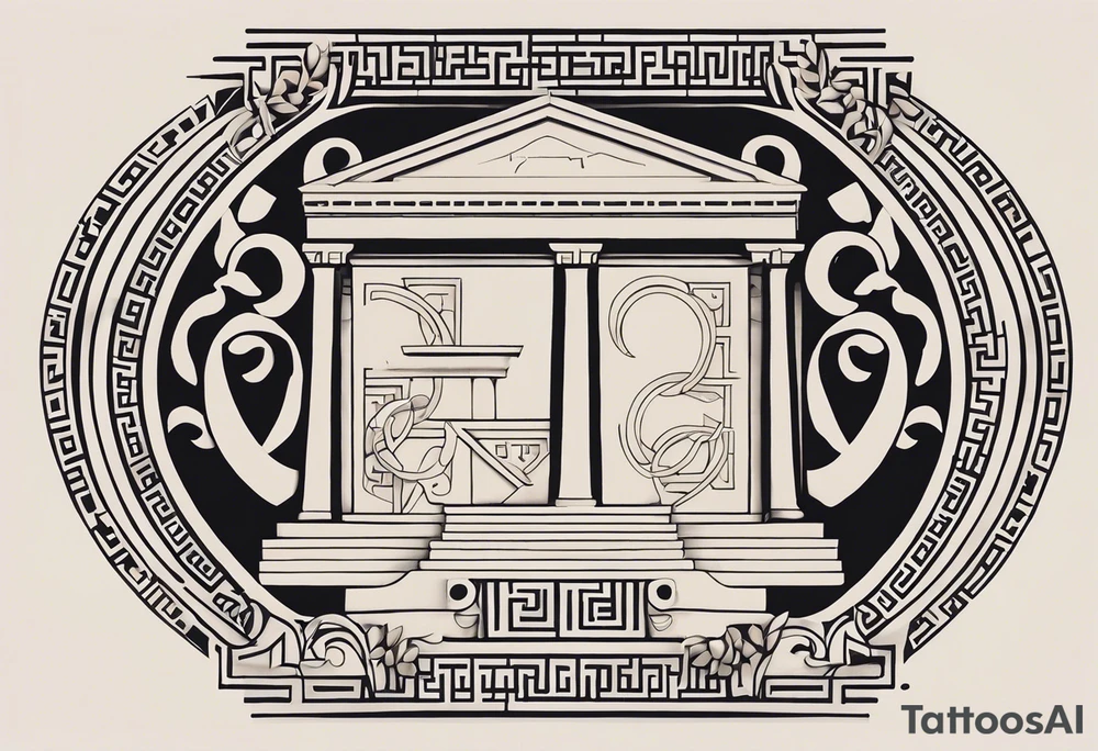 Craft an abstract yet distinctly ancient Greek-inspired tattoo design featuring both Dionysus and Clio. Incorporate motifs from classical Greek art such as geometric patterns, meander borders, and stylized representations of the gods. For Dionysus, integrate symbols like grape clusters, ivy leaves, or the thyrsus staff in a dynamic and fluid composition, capturing the essence of his revelry and passion. Similarly, for Clio, infuse elements like scrolls, laurel wreaths, or the lyre into the design, evoking a sense of scholarly enlightenment and artistic inspiration. Ensure the overall aesthetic echoes the elegance and timelessness of ancient Greek art, offering a unique interpretation of these revered deities tattoo idea