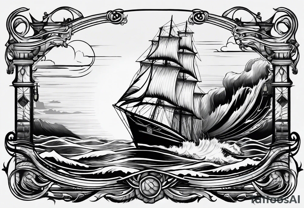 sailboat seen from the front. sail in the shape of a maritime lighthouse.phoenix drawn on the sail. tattoo idea