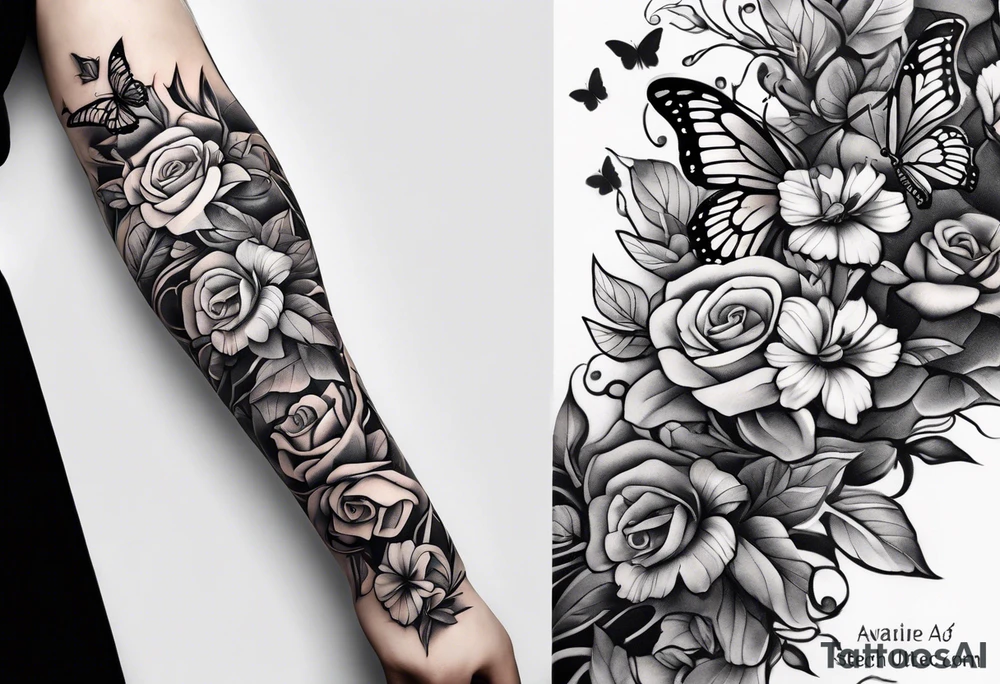 An arm with a single black floral vine wrapped around below the elbow and a bunch of butterflies around it tattoo idea