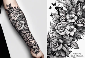 An arm with a single black floral vine wrapped around below the elbow and a bunch of butterflies around it tattoo idea
