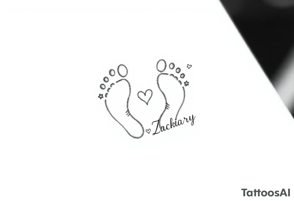 Create a small, elegant tattoo design that celebrates the spirit of childhood. The design should evoke innocence and joy, incorporating delicate elements like tiny handprints or footprints, subtle stars, or a playful heart. Consider integrating minimal floral accents or soft, flowing lines that suggest the nurturing bond of family. Optionally, you can include the names "Charlie" and "Zackary" in gentle, cursive script within the design to personalize it further. tattoo idea