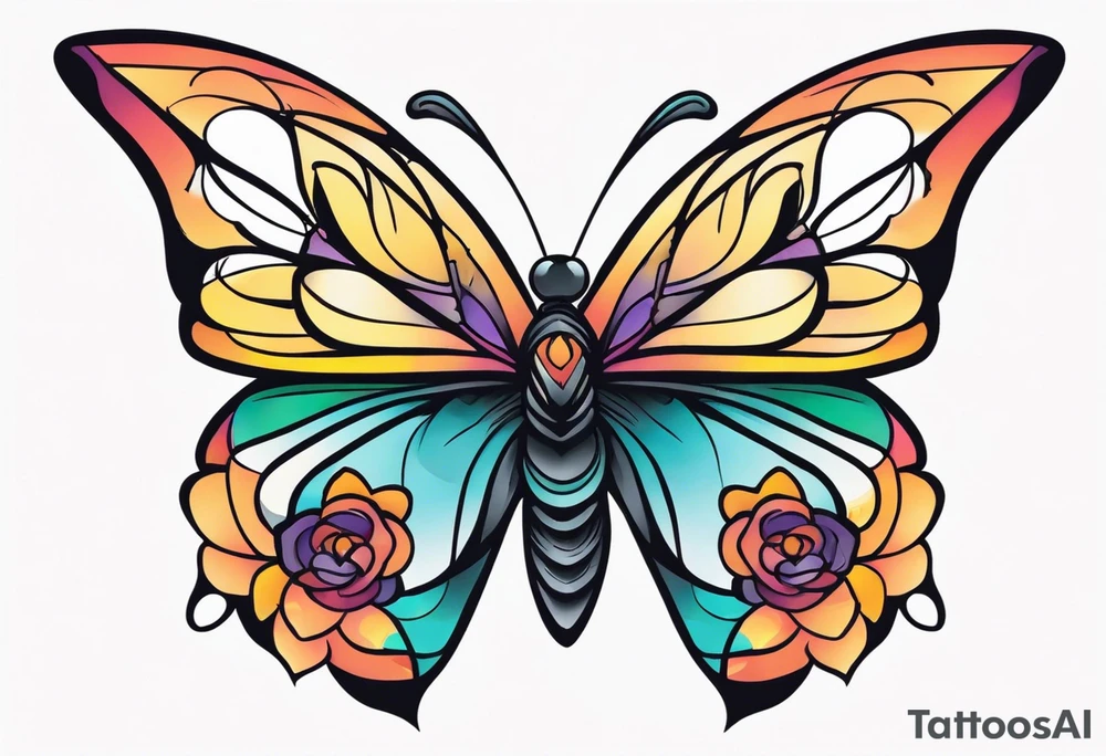 A vibrant butterfly with colorful wings, resting on a flower, showcasing transformation and beauty.” tattoo idea