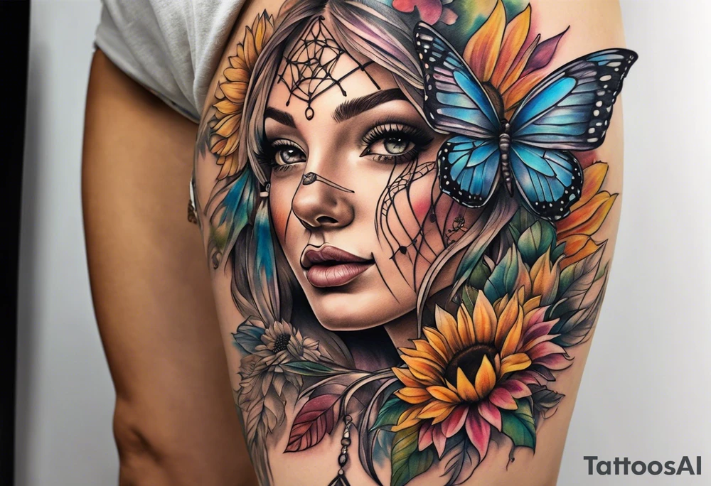 Quarter Leg sleeve with dreamcatcher, rainbow sunflowers and one butterfly tattoo idea